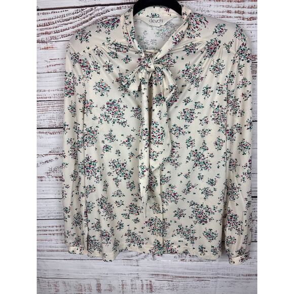 Devon Tops - Womens VTG Devon Polyester Button Up Blouse Neck Tie Cream Floral Cottage Size M